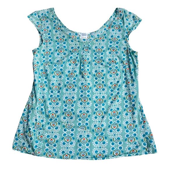 ISIS Teal Aqua Art Deco Print Cotton Cap Sleeve Blouse - Size 8 - Picture 2 of 10